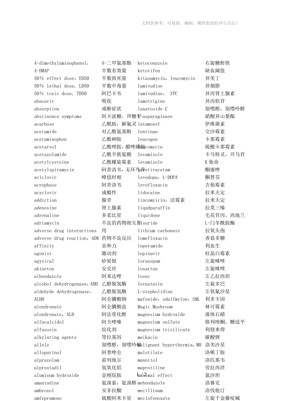 药理学中文词汇对照_第1页