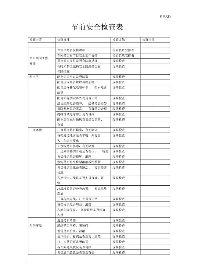 节前安全检查表和内容