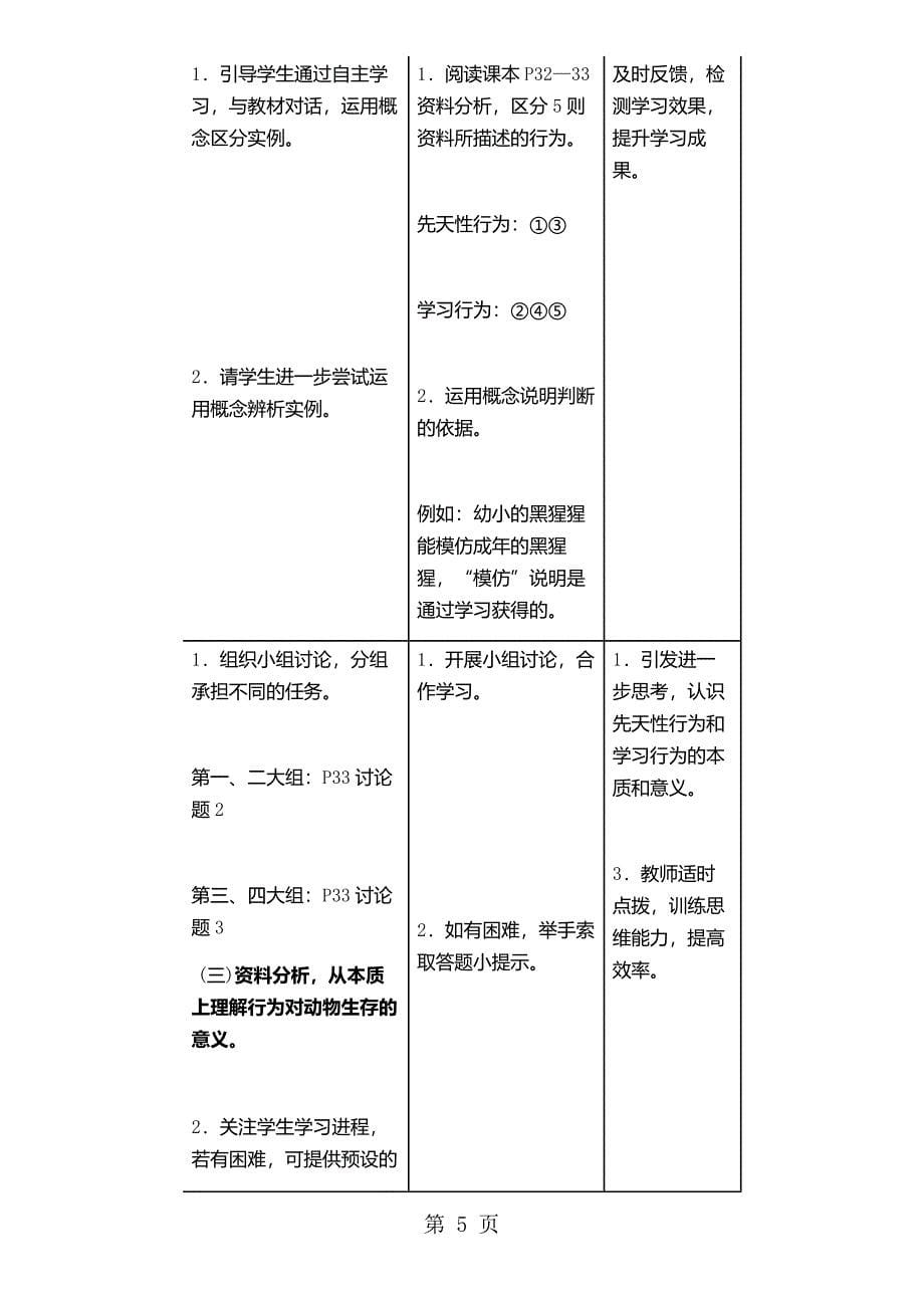 2023年年秋人教版八年级生物上册教案第单元第章 第节 先天性行为和学习行为.doc_第5页