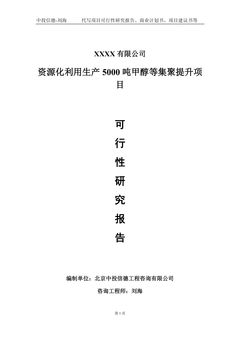 资源化利用生产5000吨甲醇等集聚提升项目可行性研究报告写作模板-立项备案_第1页