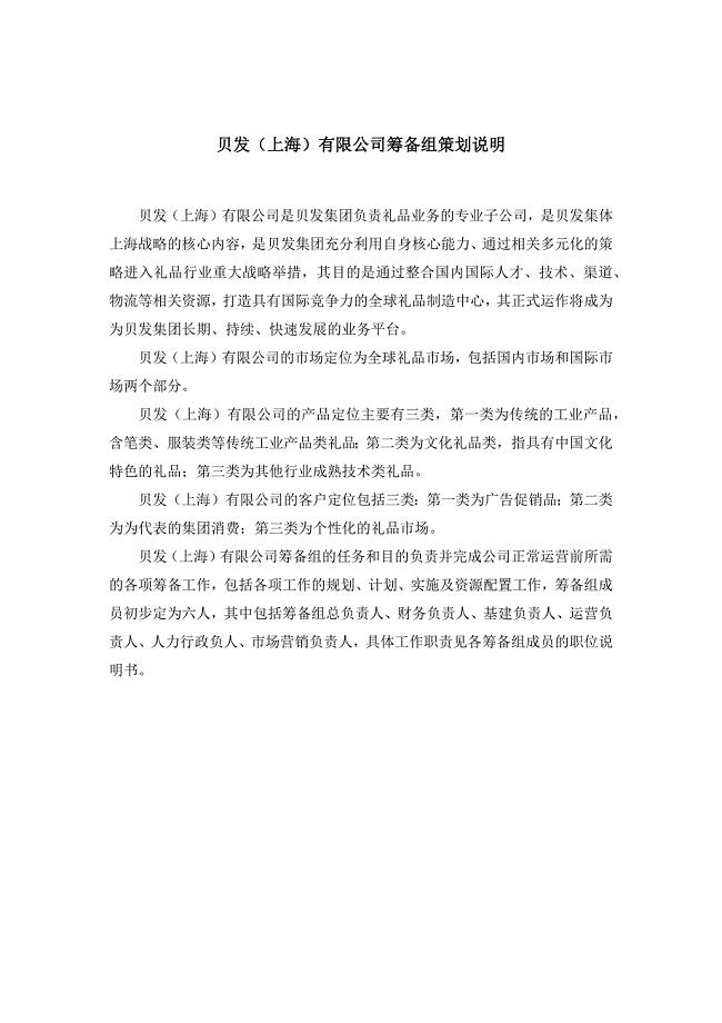 （上海）有限公司筹备组策划说明