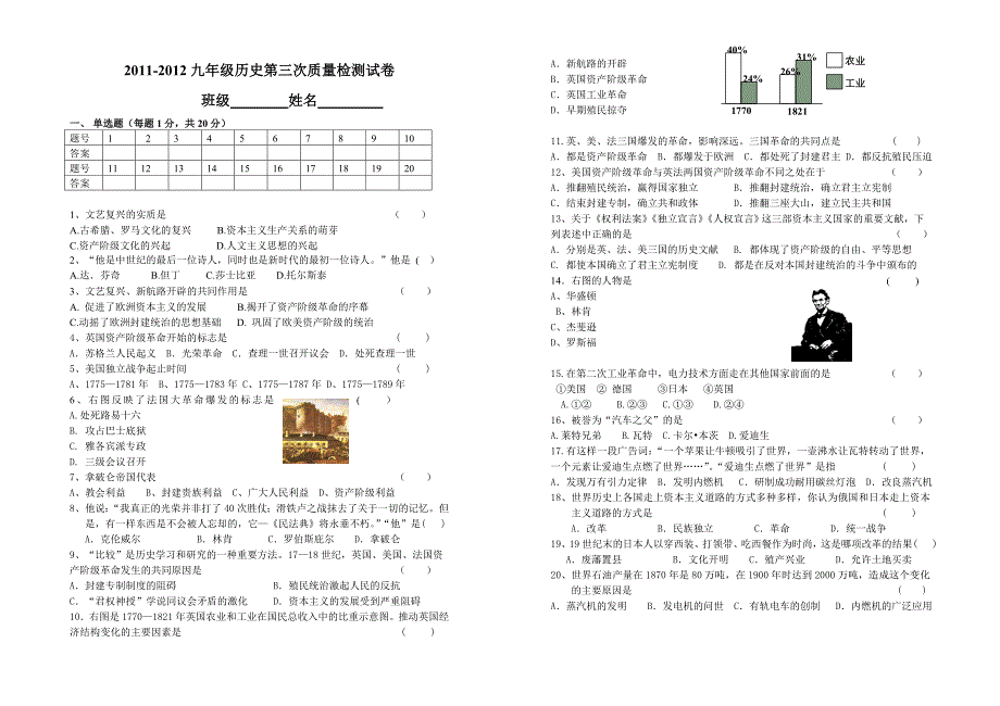 2011-2012九年级历史第三次教学质量检测.doc_第1页