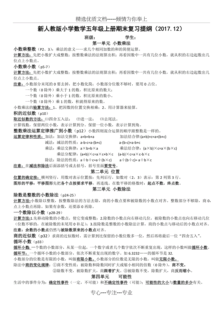 小学数学五年级上册期末复习提纲-最新_第1页