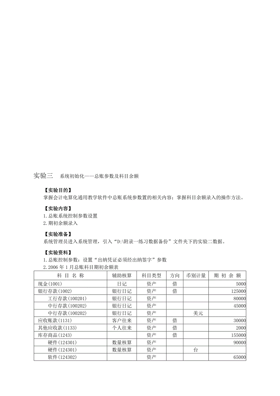 初级会计电算化实验三--系统初始化——总账参数及科目余额-叶宪章.doc_第1页