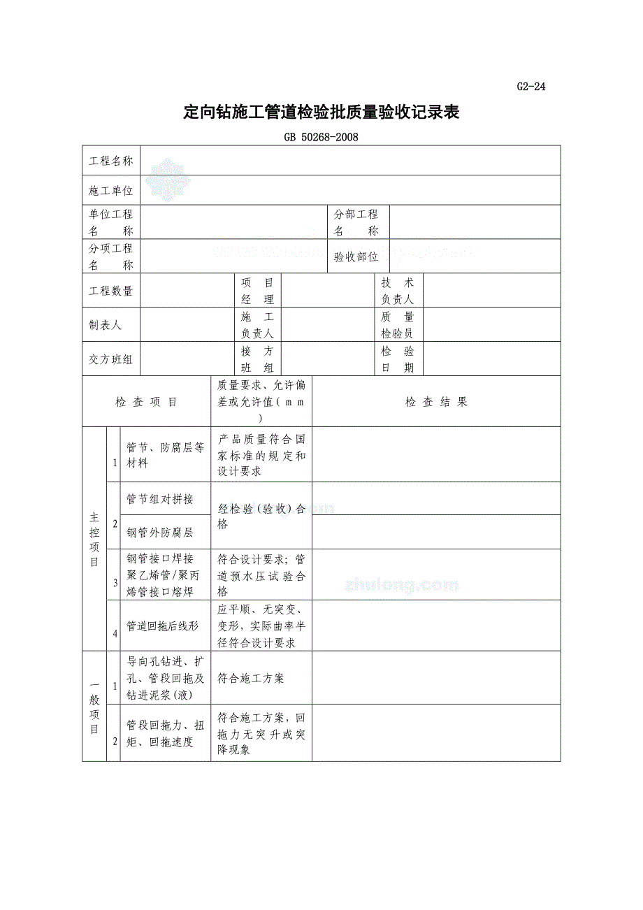 g 定向钻施工管道检验批质量验收记录表_第1页