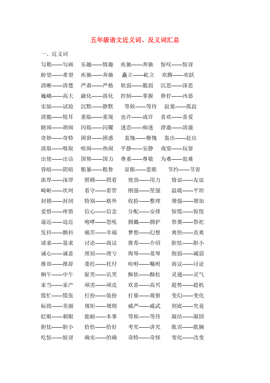 五年级语文近义词、反义词汇总_第1页