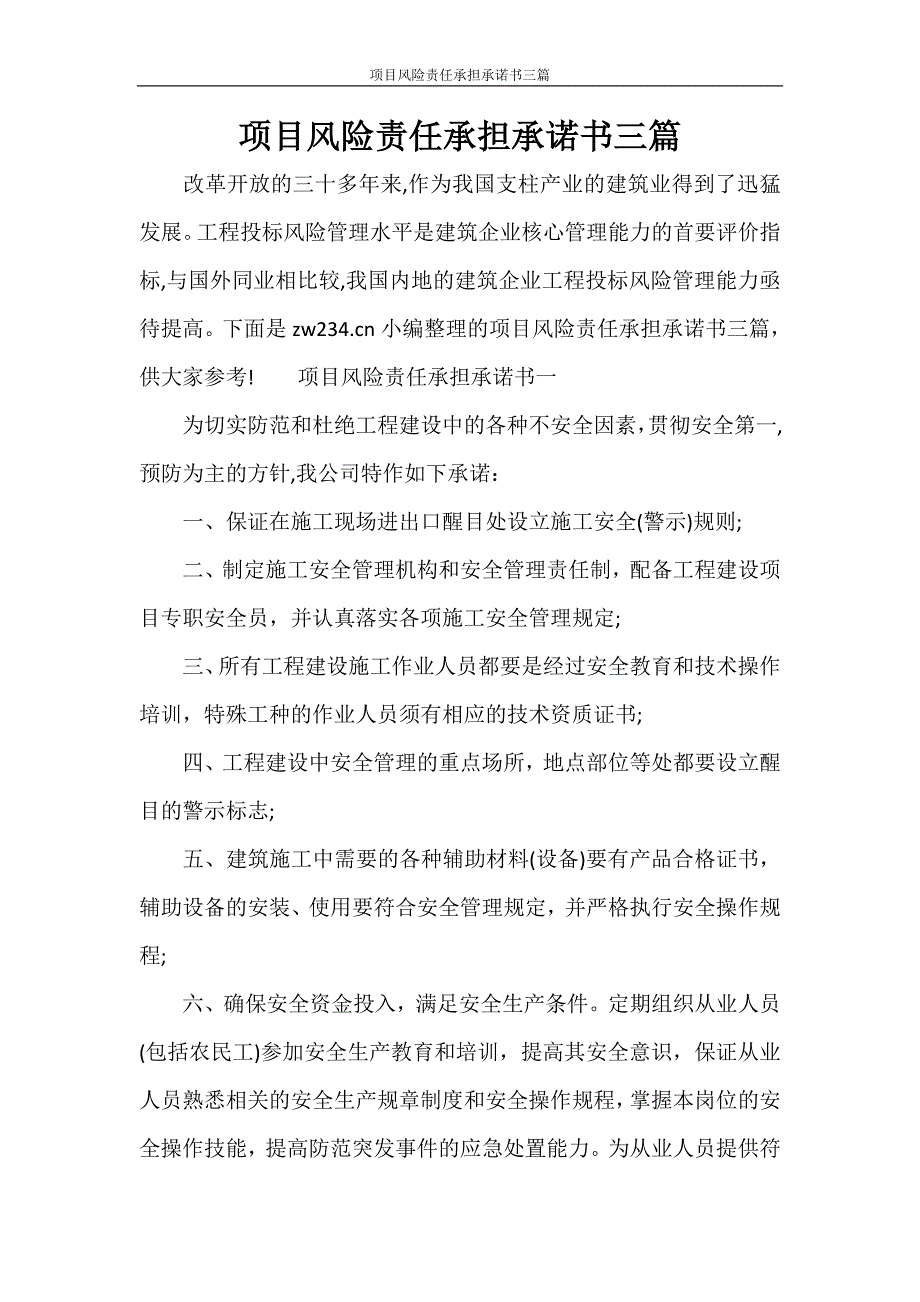 条据书信 项目风险责任承担承诺书三篇.doc_第1页