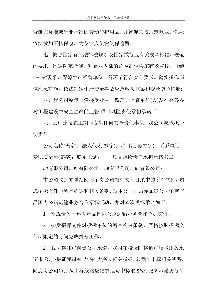 条据书信 项目风险责任承担承诺书三篇.doc_第2页