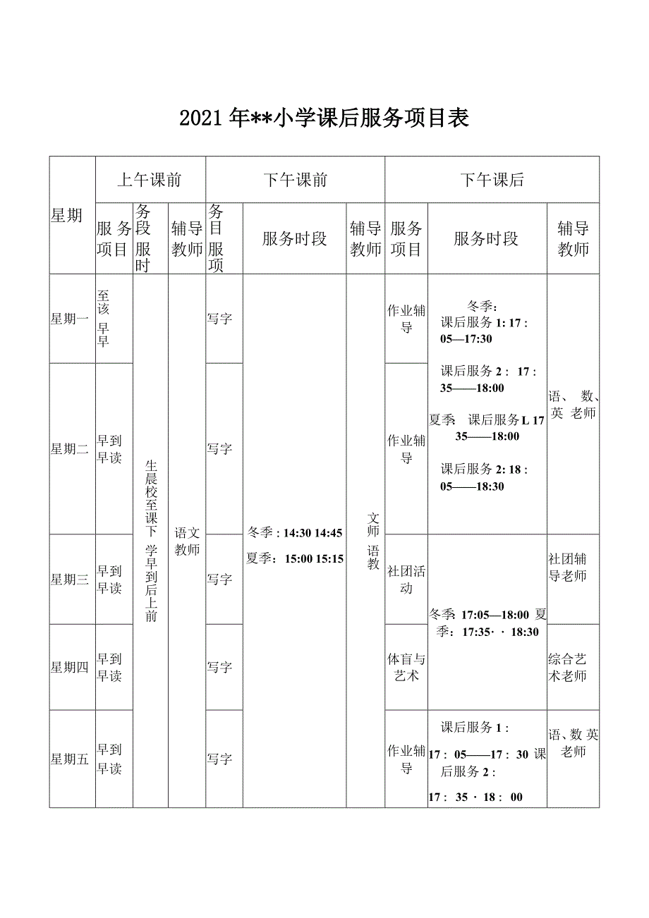 2021年XX小学课后服务项目表_第1页