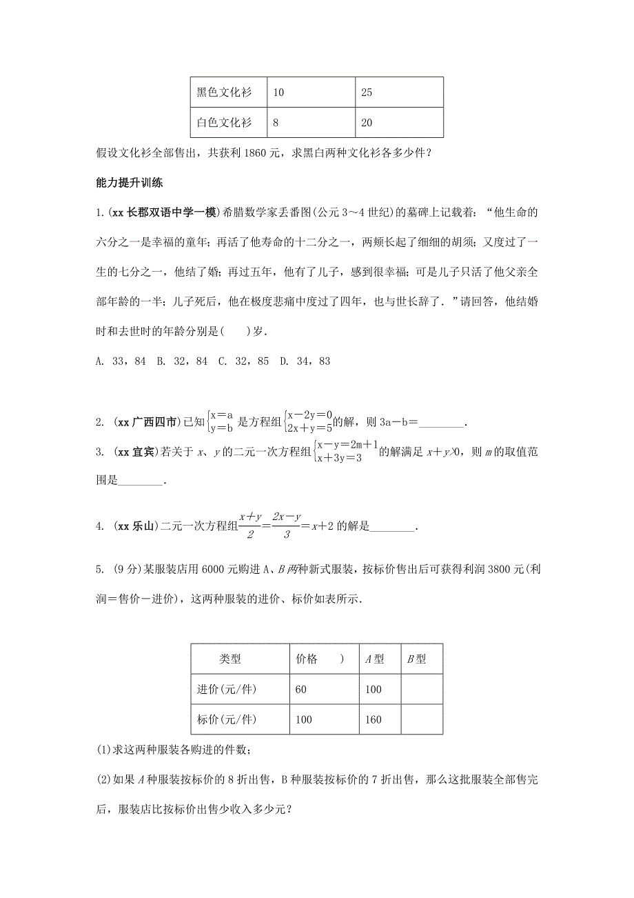 中考数学复习第6课时一次方程组及其应用测试_第3页