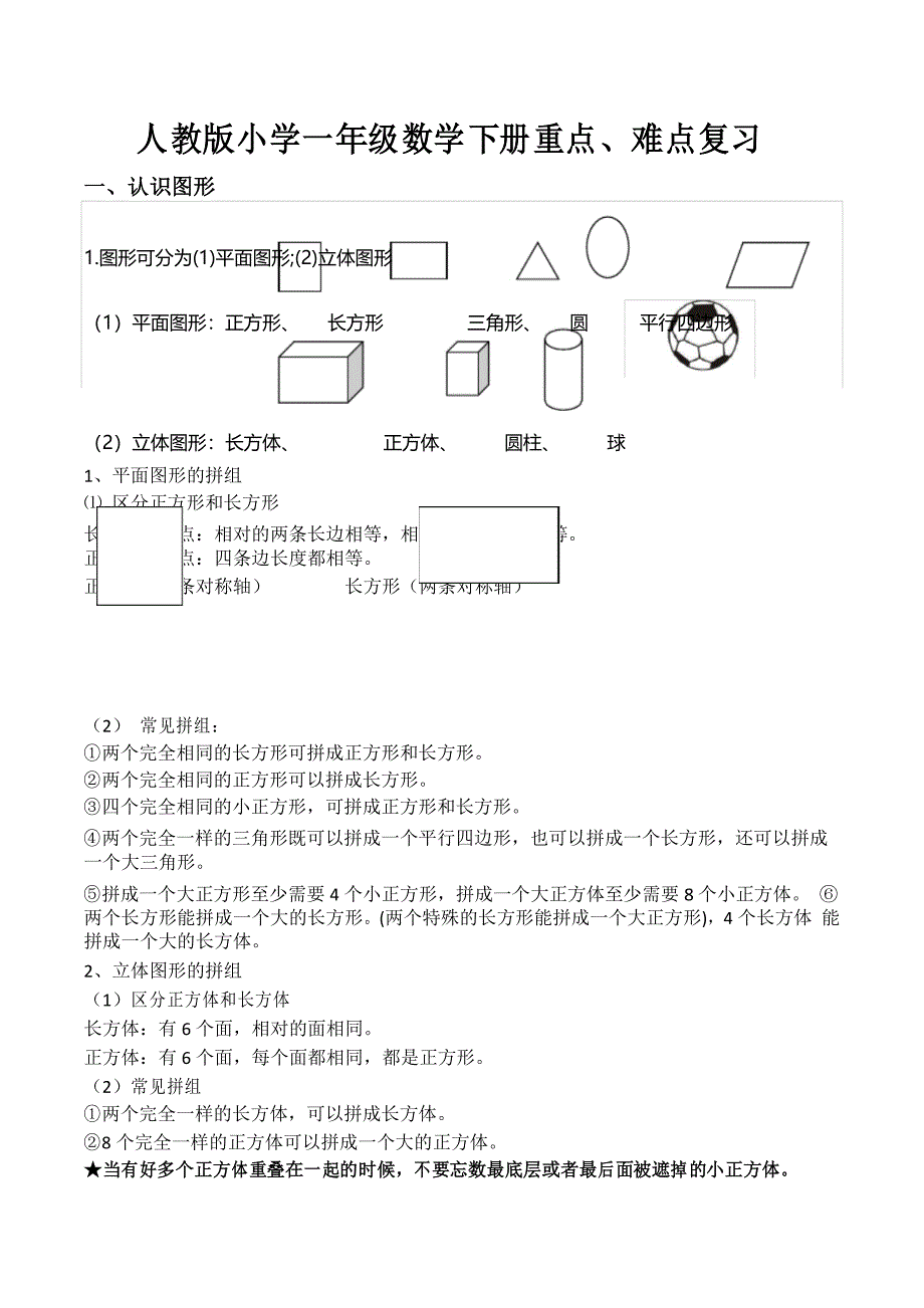 人教版一年级数学下册各单元重点、难点总结归纳_第1页