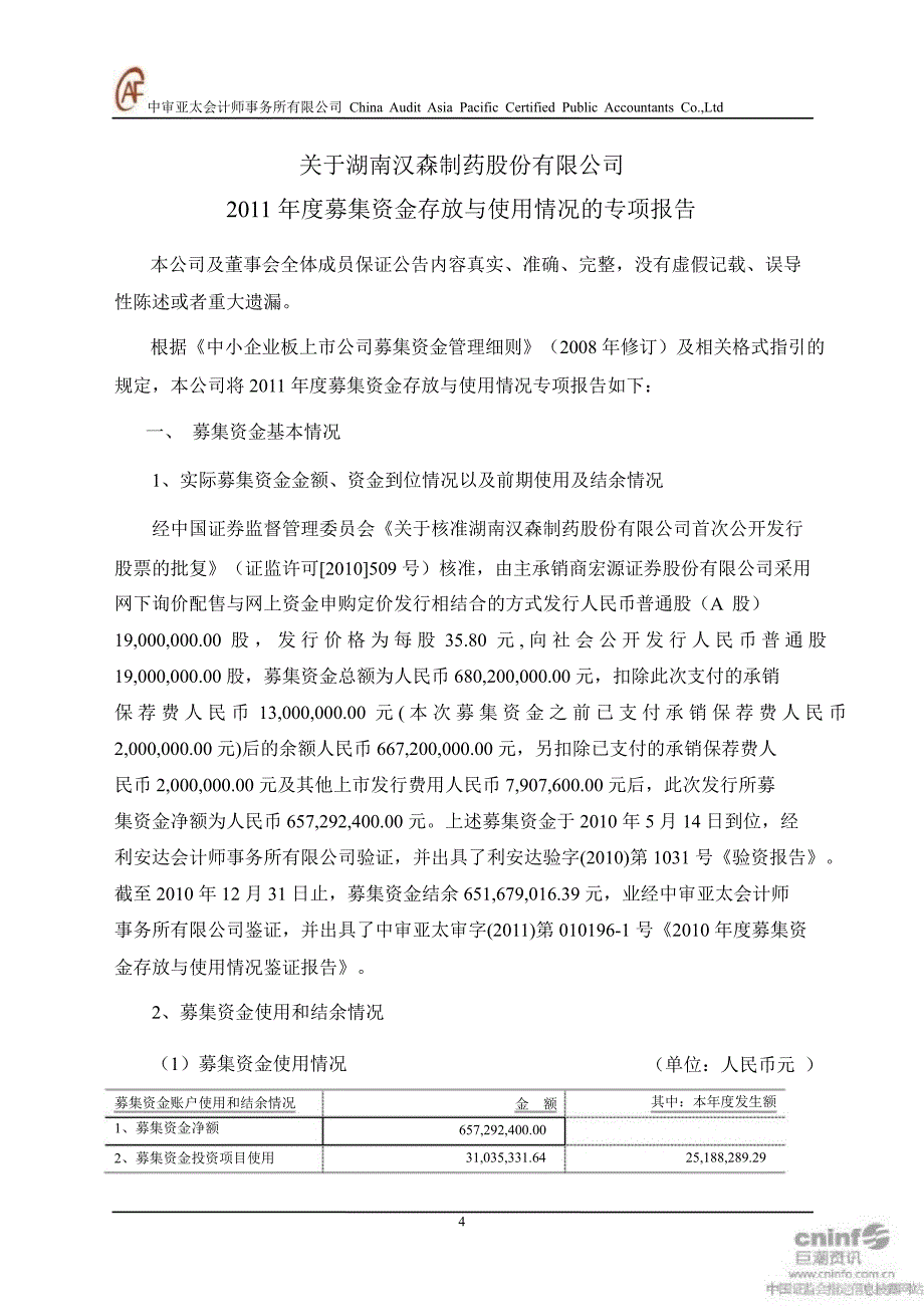 汉森制药关于公司募集资金存放与使用情况的鉴证报告_第4页