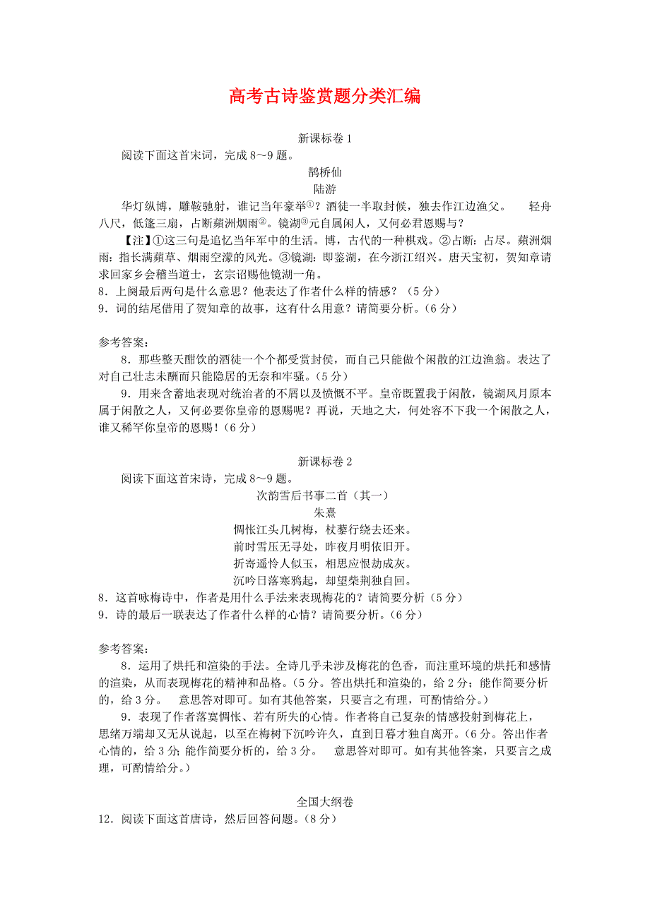 2020年高考语文-试题分类汇编-古诗鉴赏_第1页