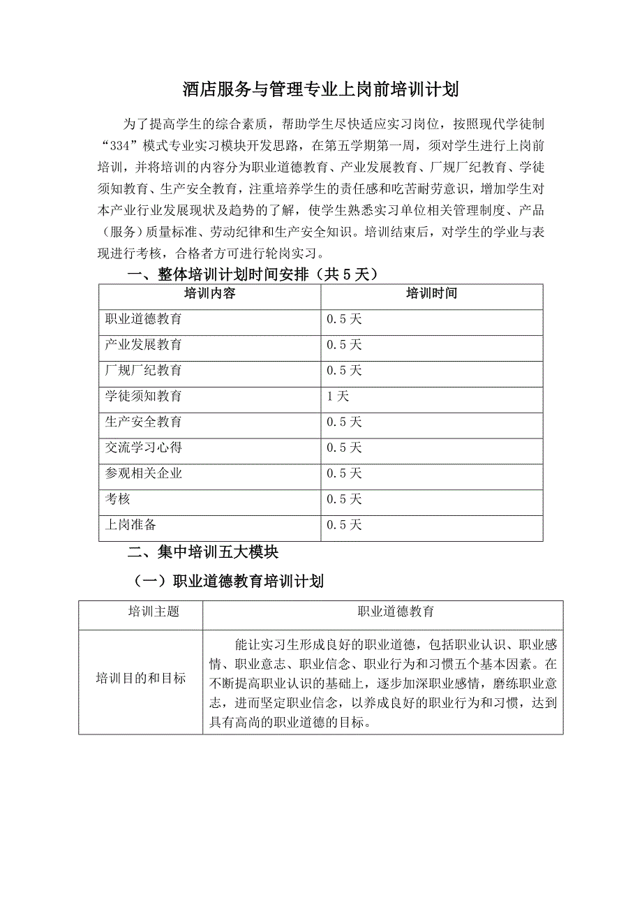 酒店服务与管理专业上岗前培训计划_第1页