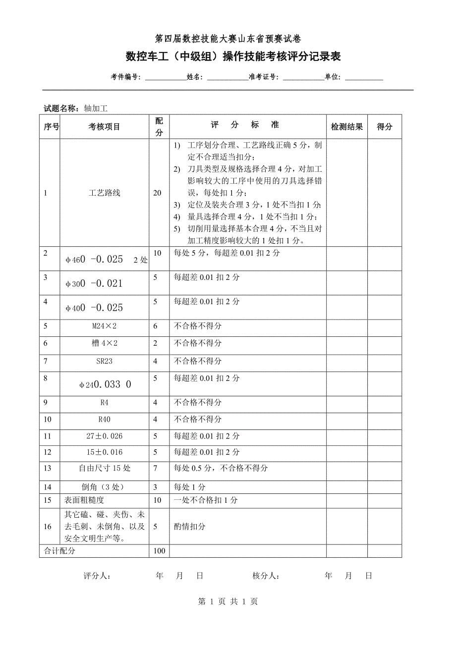 第四全国数控大赛山东省预赛实操试题数控车工中级组操作技能A卷_第5页