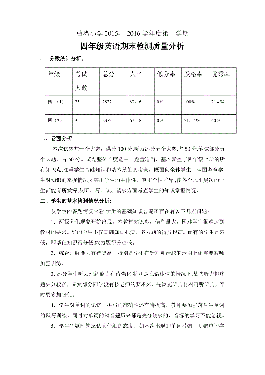 四年级英语质量分析_第1页