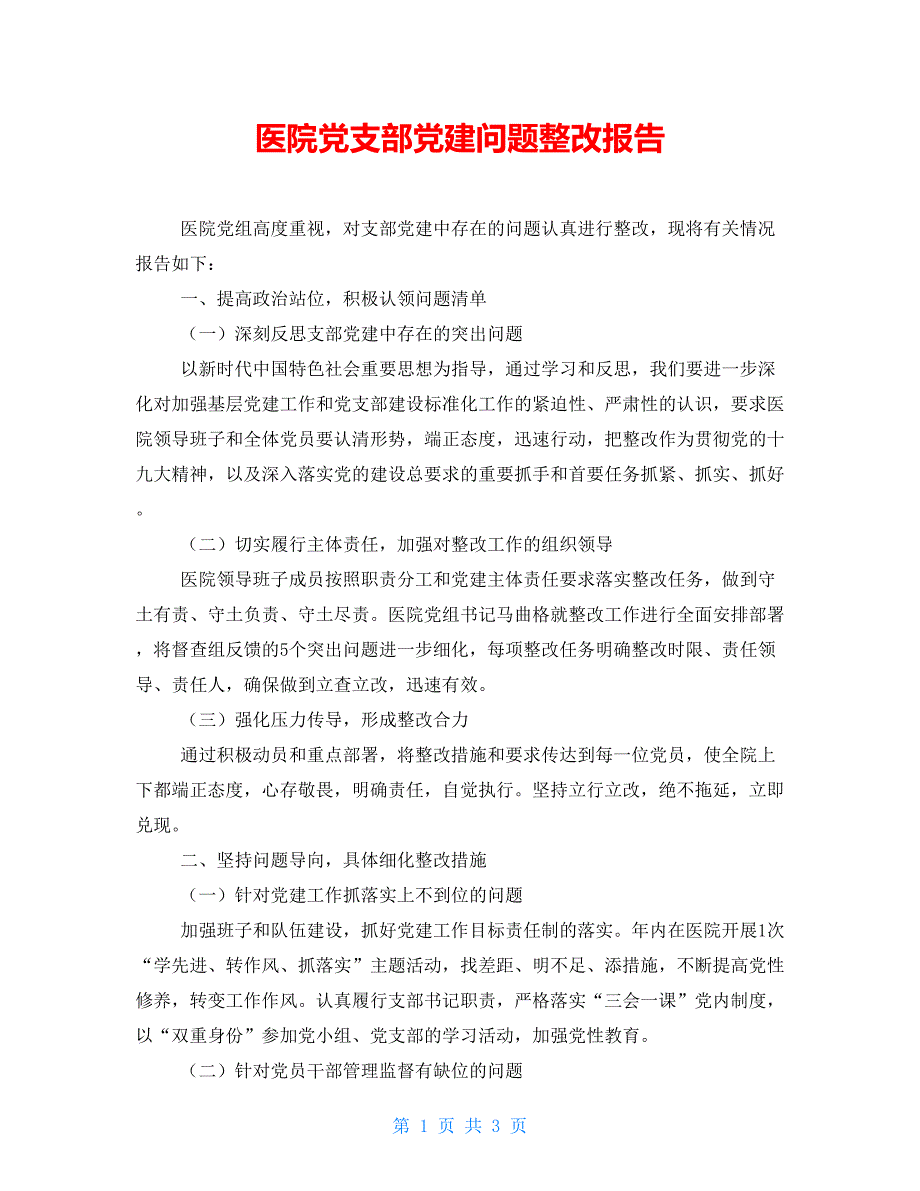 医院党支部党建问题整改报告_第1页