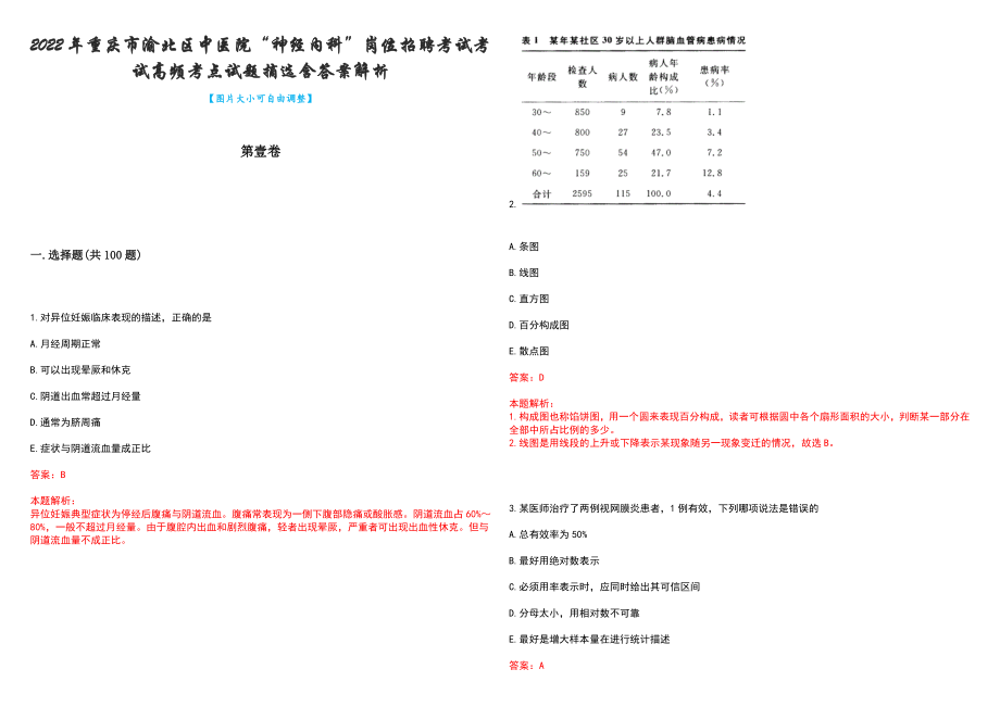 2022年重庆市渝北区中医院“神经内科”岗位招聘考试考试高频考点试题摘选含答案解析_第1页