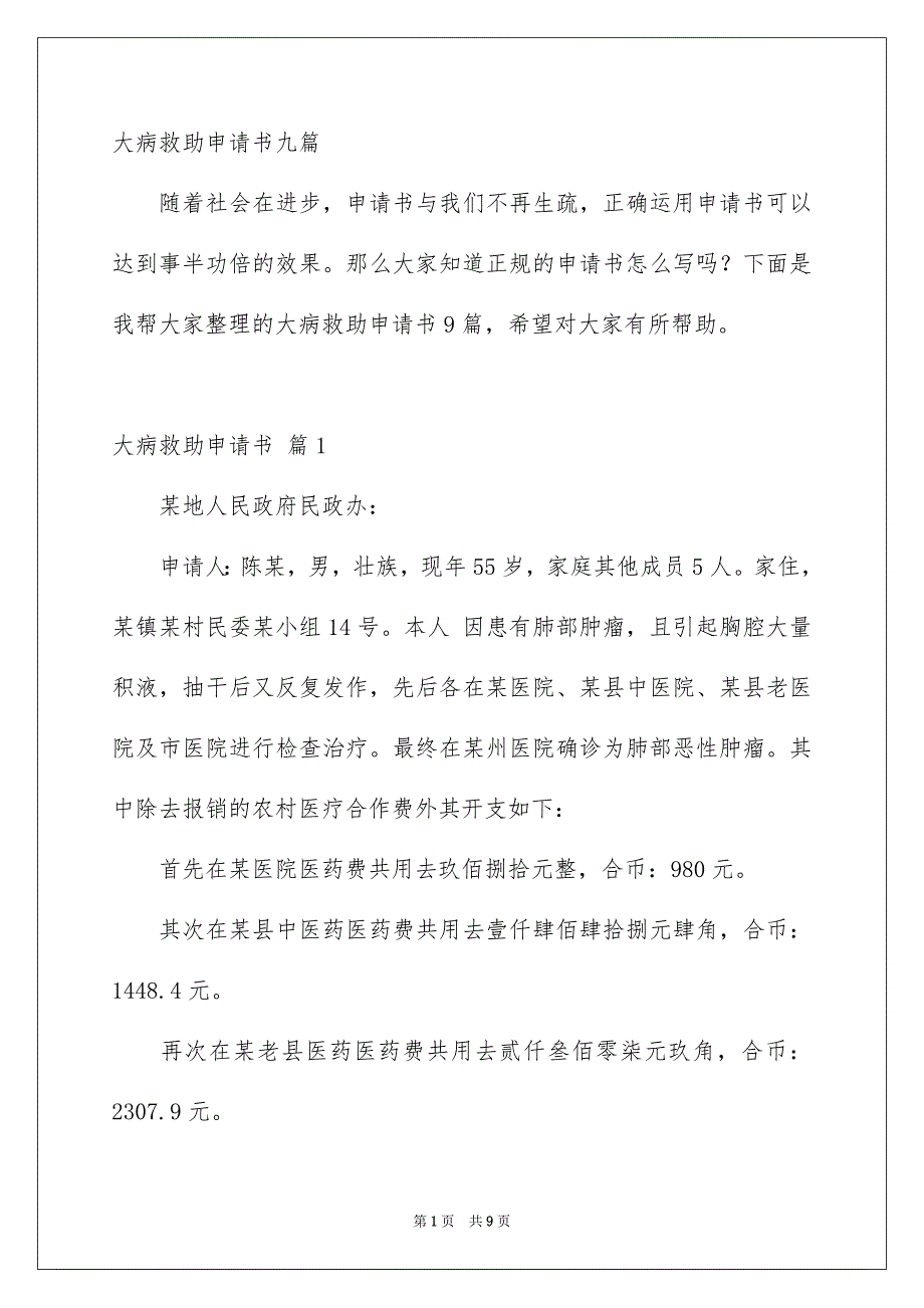 大病救助申请书九篇_第1页