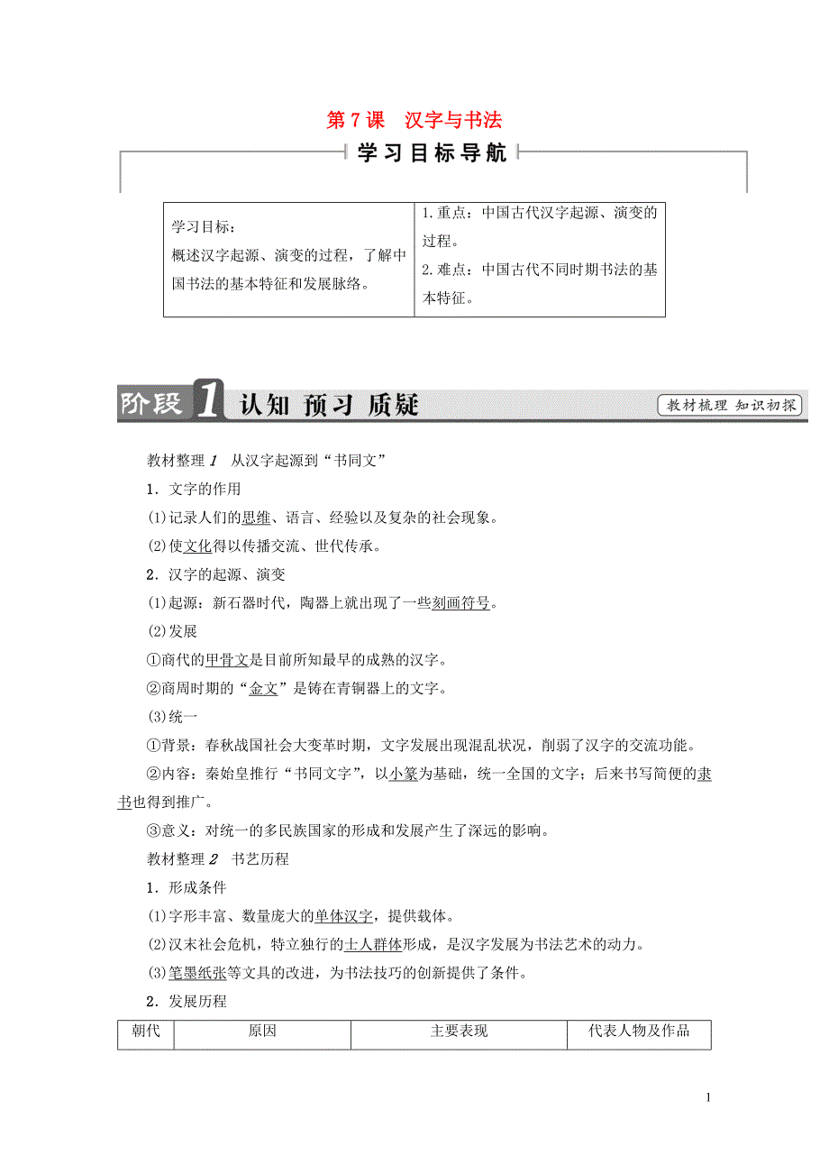 高中历史第2单元中国古代文艺长廊第7课汉字与书法学案岳麓版必修3072_第1页