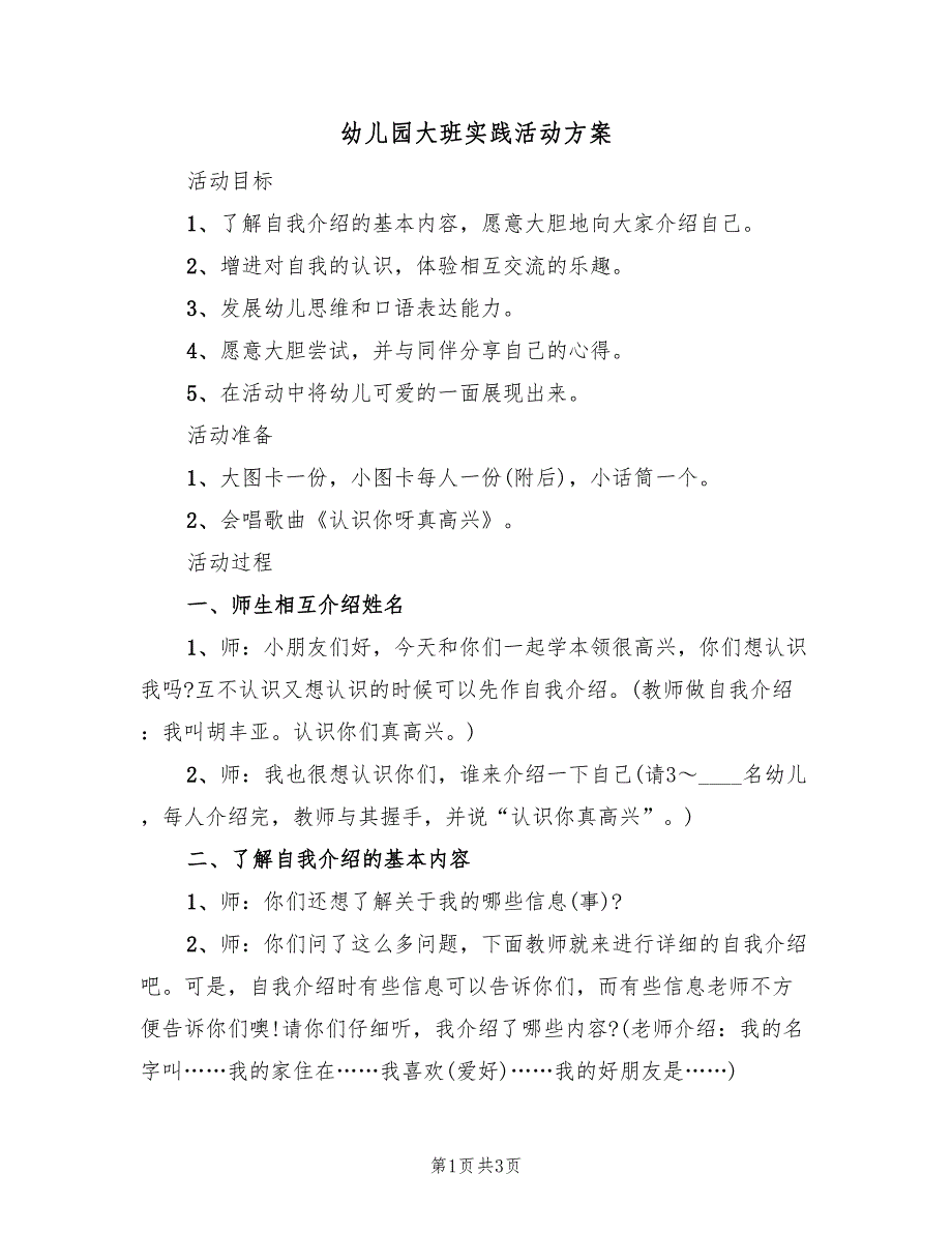 幼儿园大班实践活动方案（二篇）_第1页