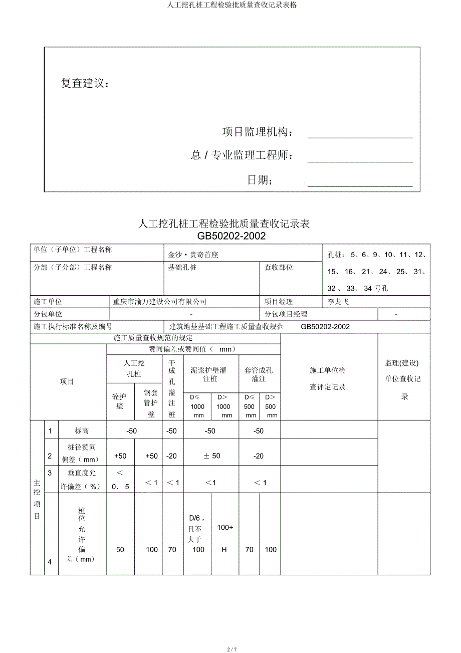 人工挖孔桩工程检验批质量验收记录表格.docx_第2页