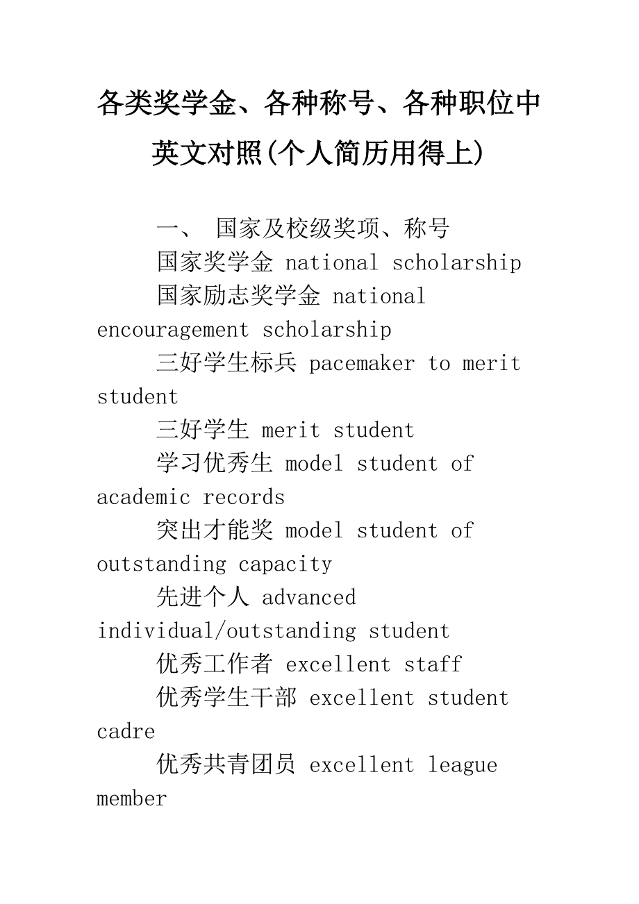 各类奖学金、各种称号、各种职位中英文对照(个人简历用得上).doc_第1页