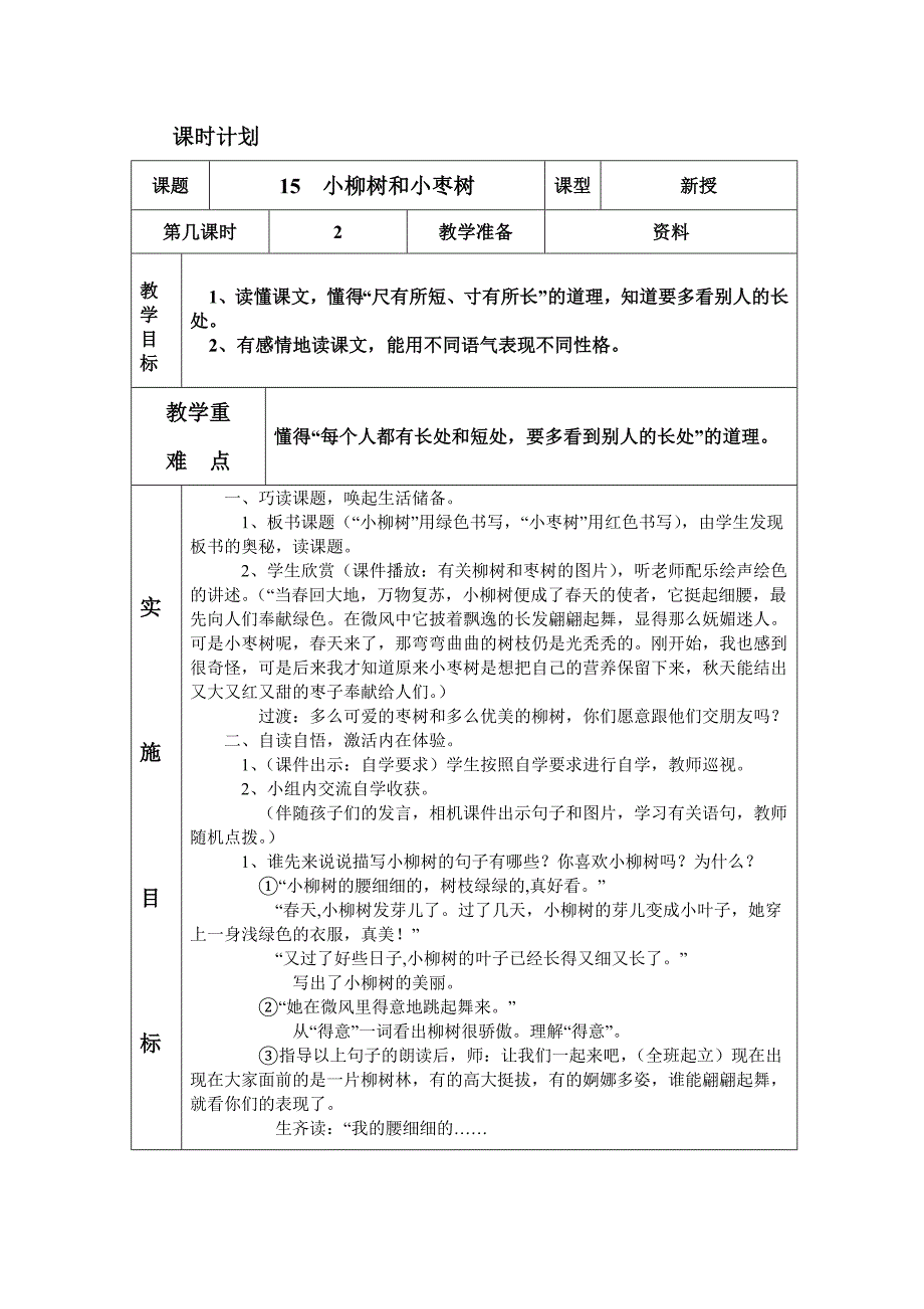 人教版二年级语文上册15小柳树和小枣树第二课时表格教案_第1页