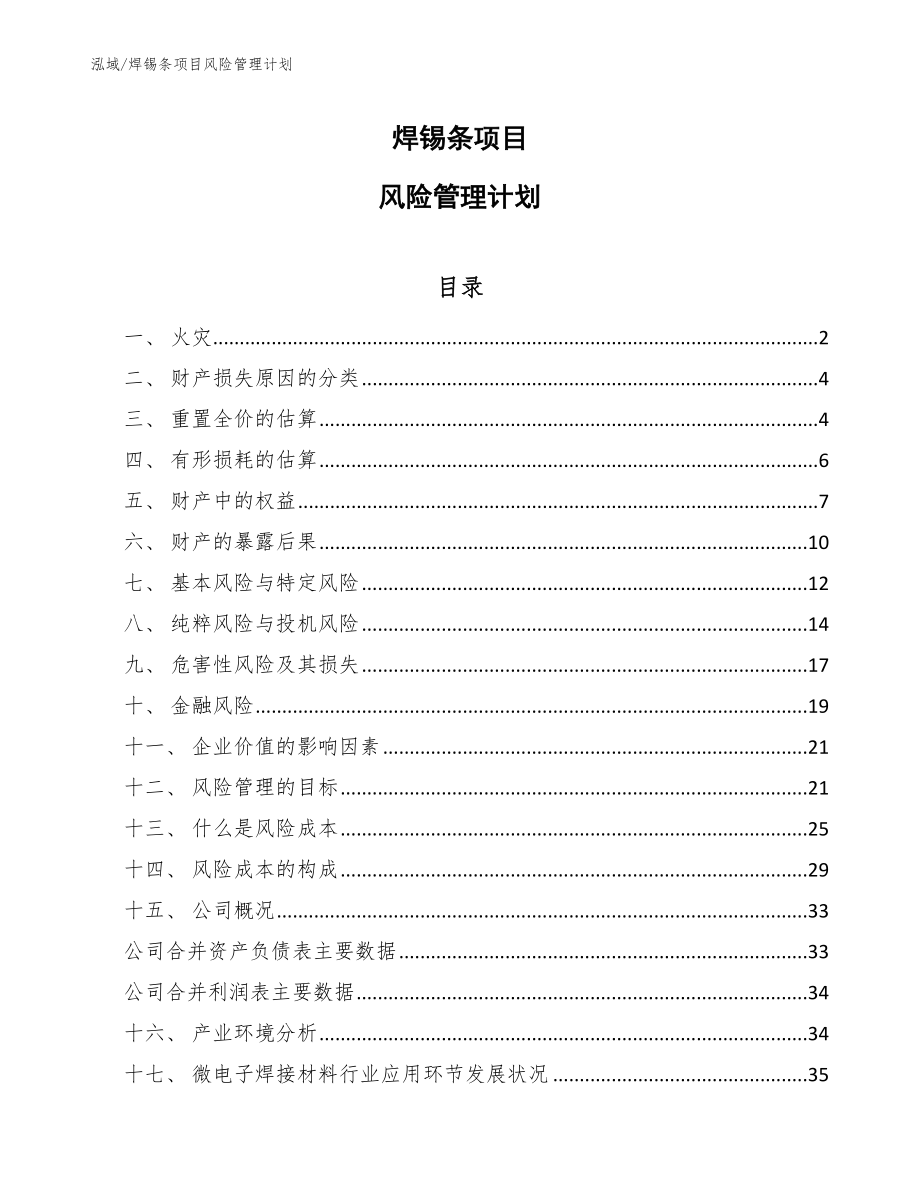 焊锡条项目风险管理计划【范文】_第1页