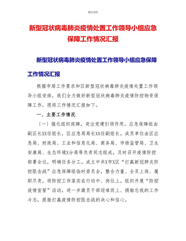 新型冠状病毒肺炎疫情处置工作领导小组应急保障工作情况汇报