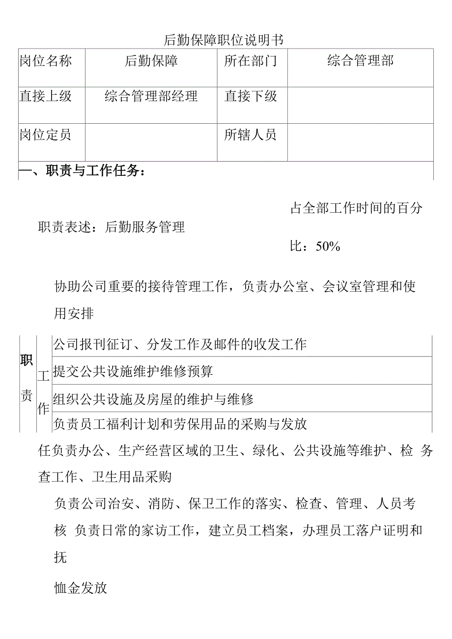 后勤保障职位说明书_第1页