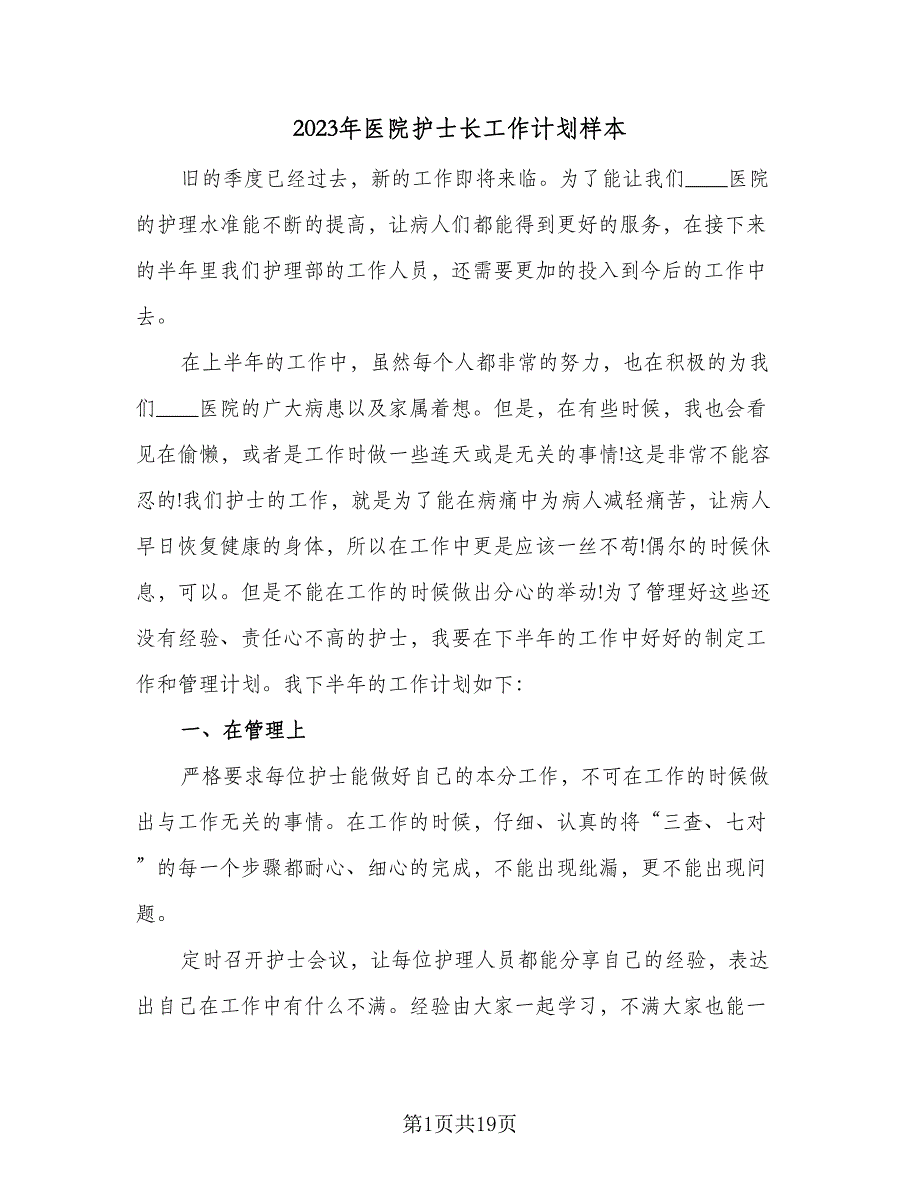 2023年医院护士长工作计划样本（八篇）.doc_第1页