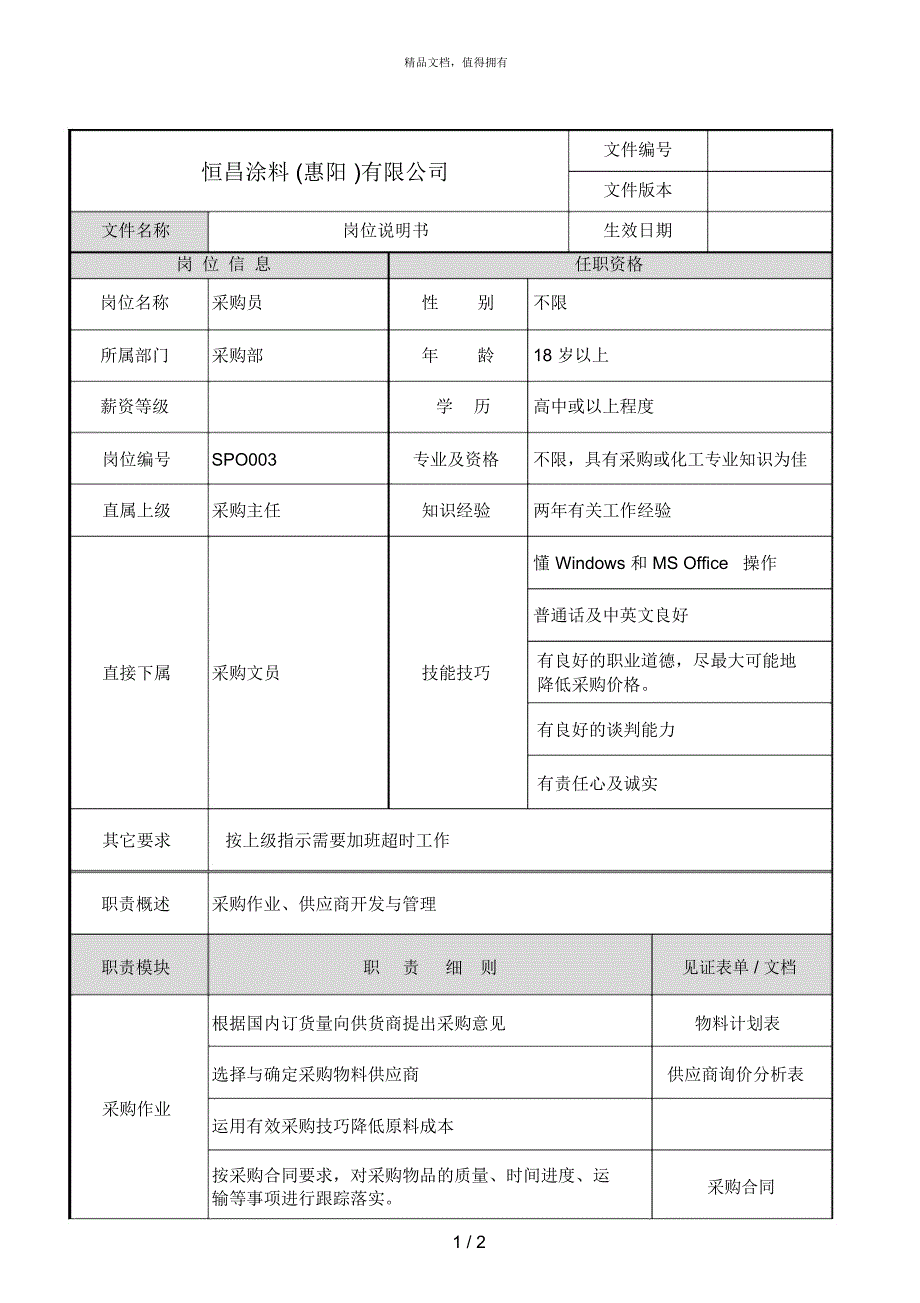 柏明顿恒昌涂料岗位说明书采购员(SPO003)_第1页