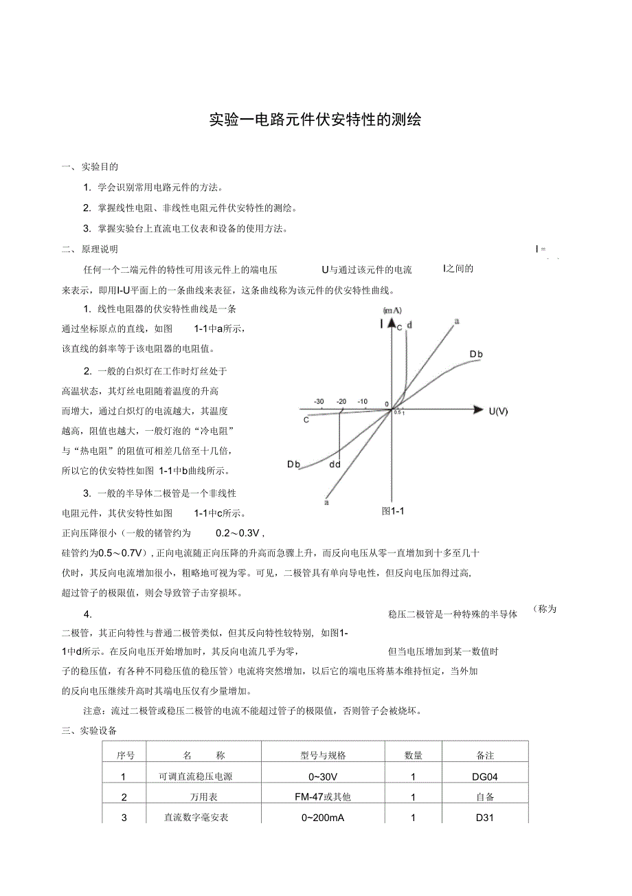 实验一电路元件伏安特性的测绘_第1页