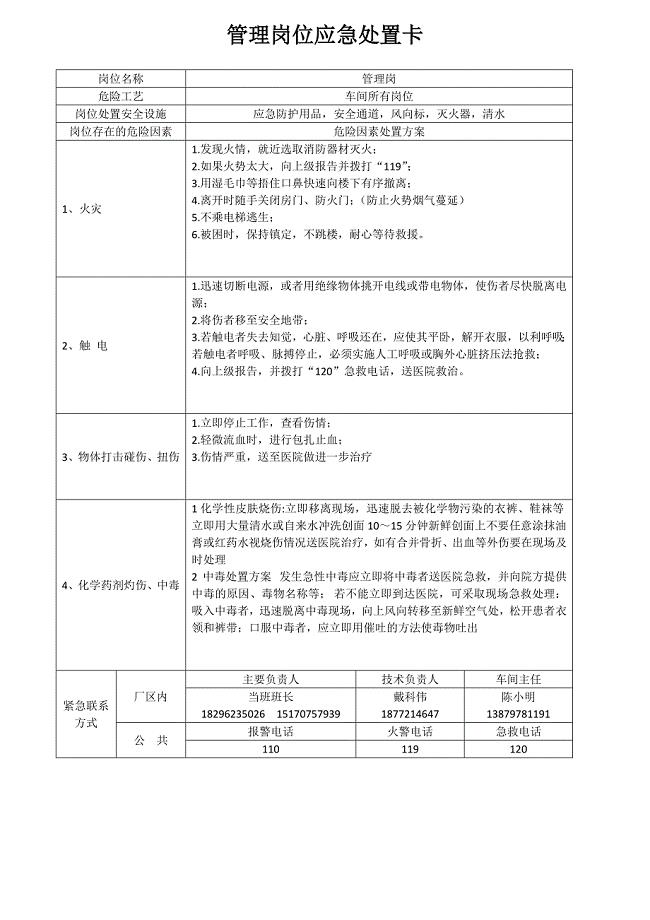 选厂岗位应急处置卡