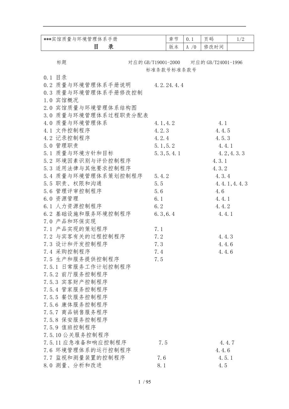 xx宾馆质量与环境管理体系手册范本_第1页