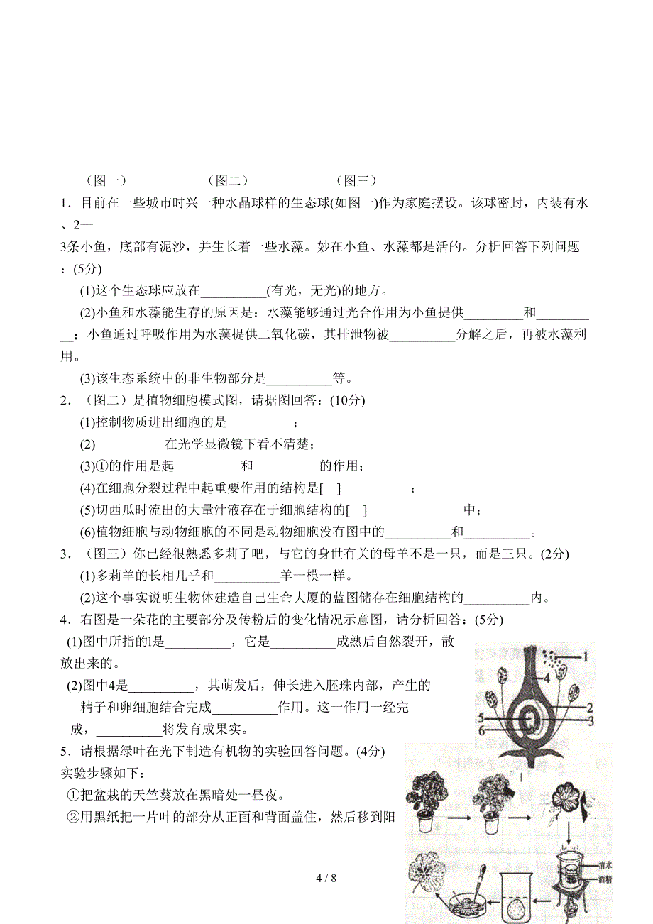 人教版七年级生物上册期末考试试卷及答案_第4页