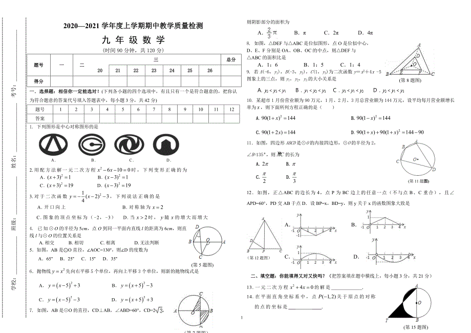 最新人教版2020—2021学年度上学期九年级初三数学上册期中教学质量检测试题卷及参考答案_第1页