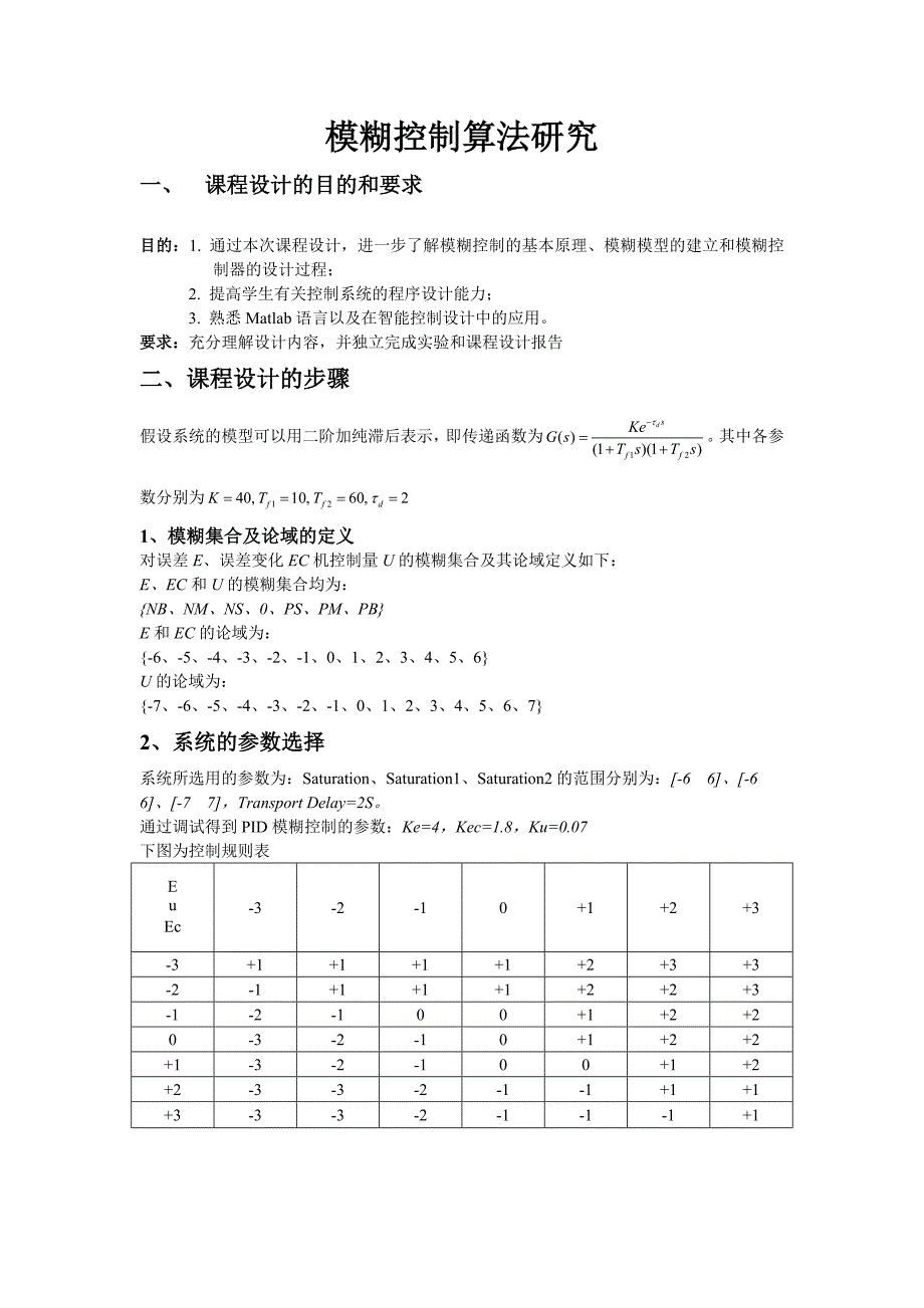 智能控制课程设计模糊控制算法研究_第1页