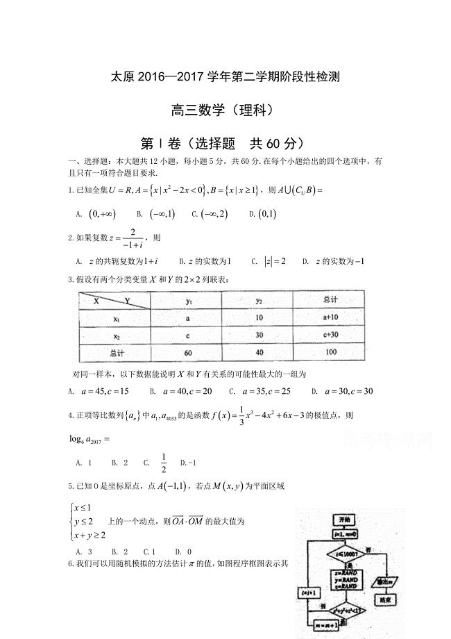 山西省太原市届高三阶段测试(月模拟)数学试题(理)含答案