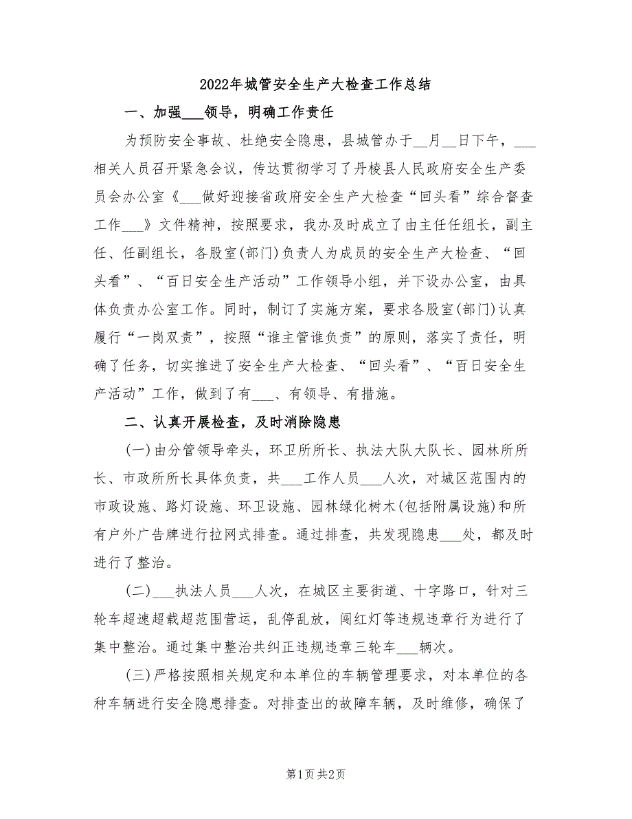 2022年城管安全生产大检查工作总结_第1页