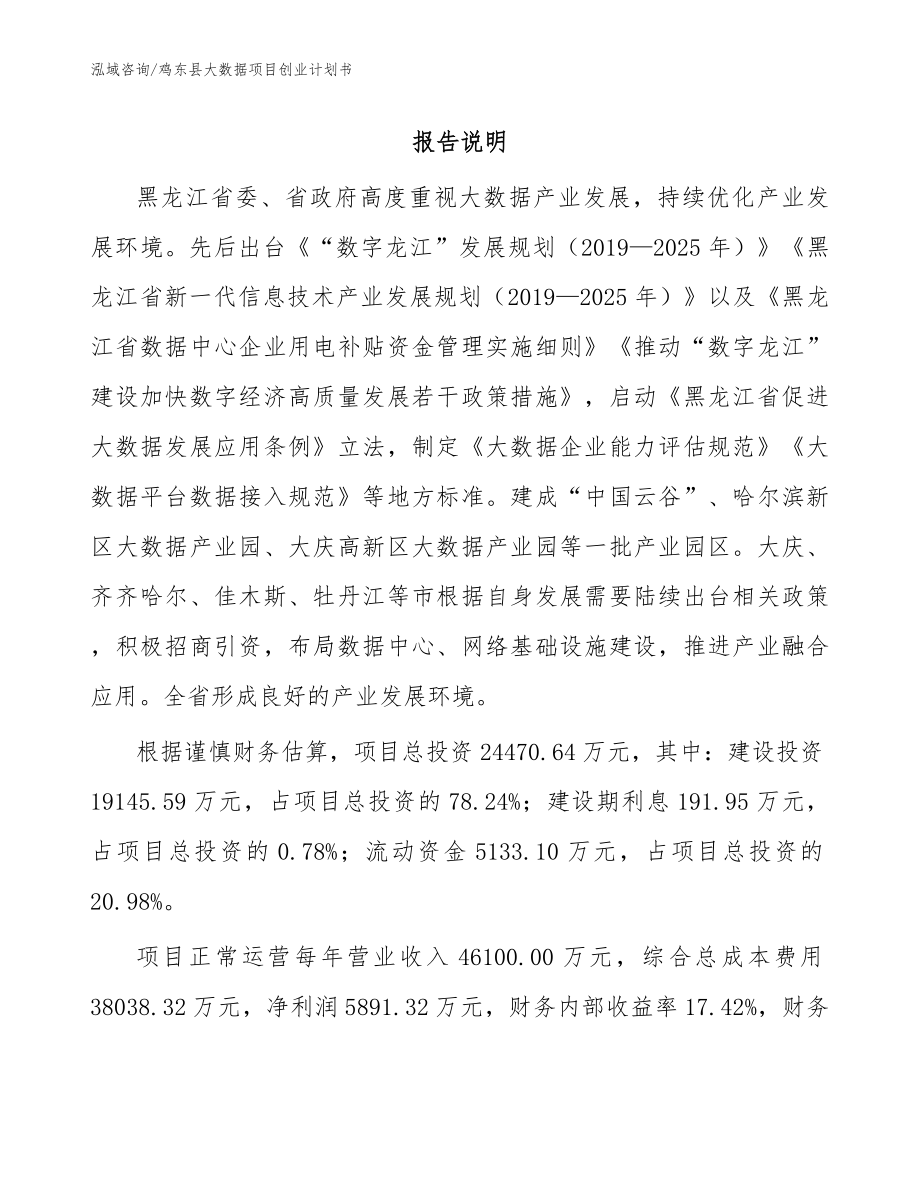 鸡东县大数据项目创业计划书范文参考_第1页