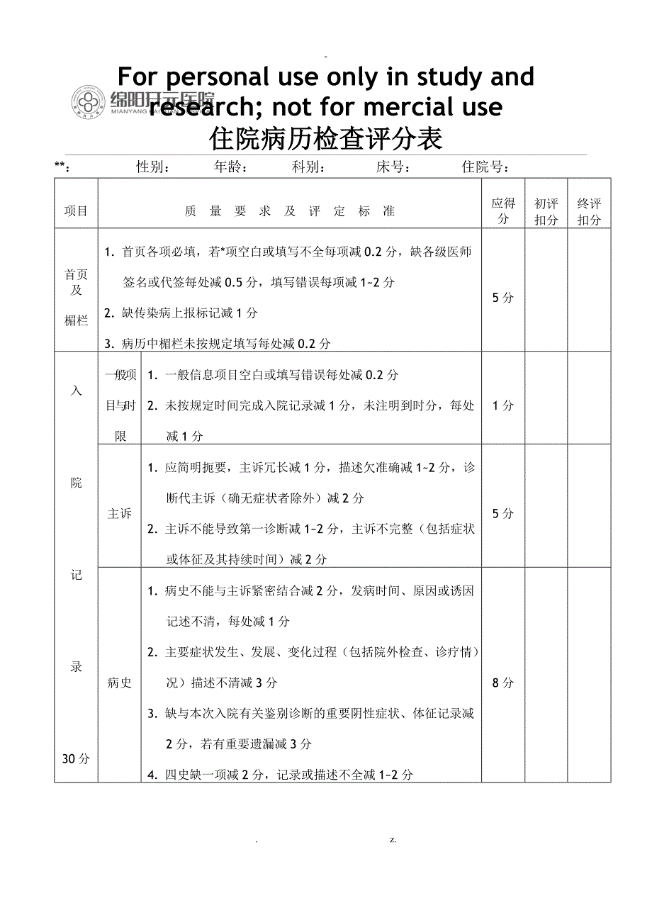 住院病历评分表_第1页