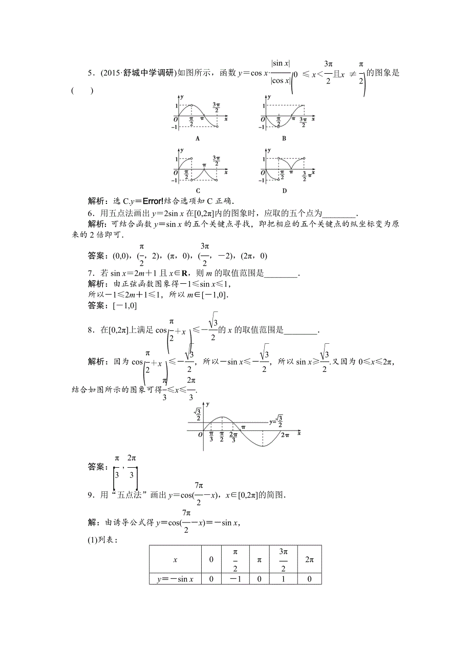 最新数学人教A版必修4 1.4.1 正弦函数、余弦函数的图象 作业 含解析_第2页