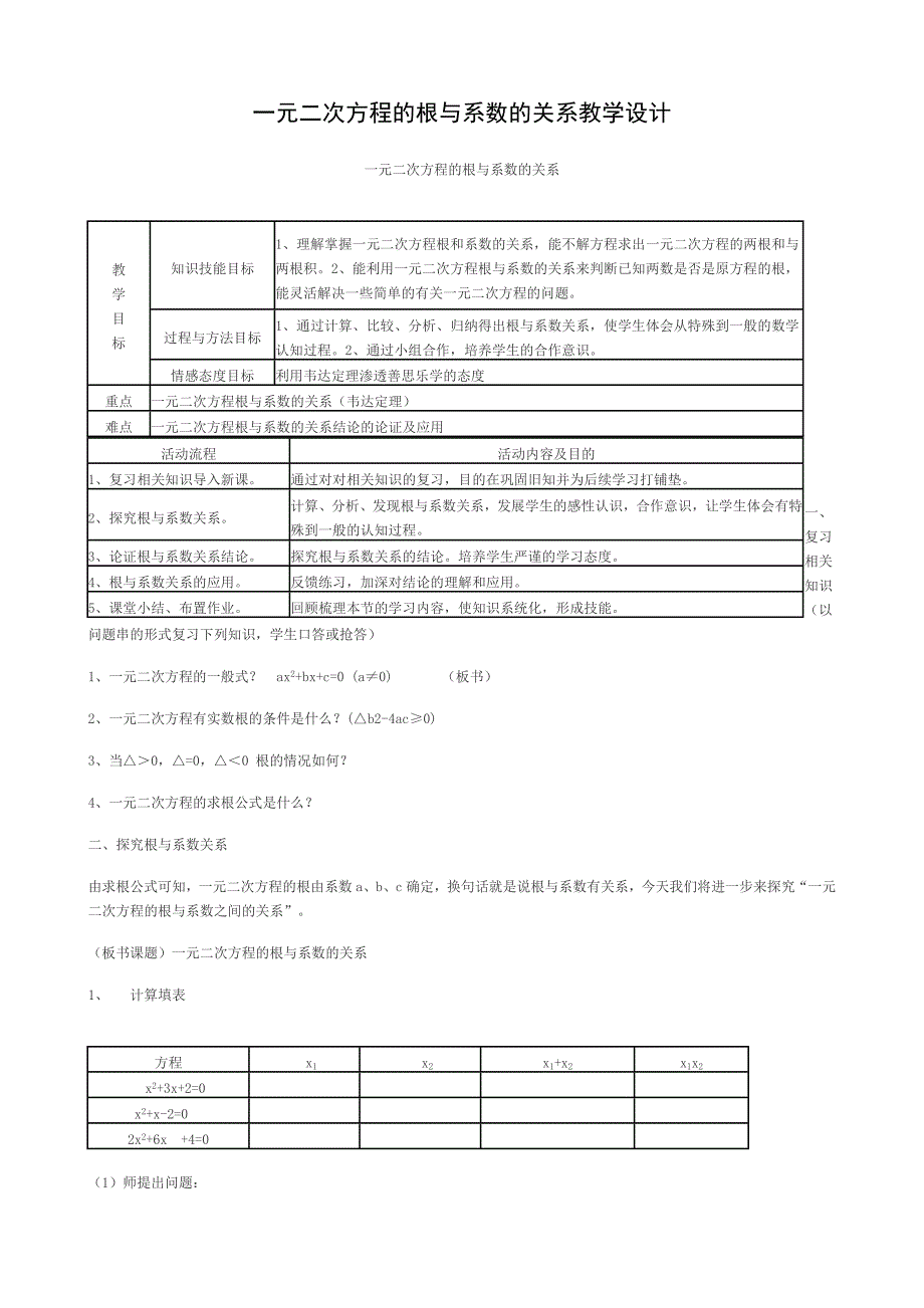 一元二次方程根与系数的关系教学设计1.doc_第1页