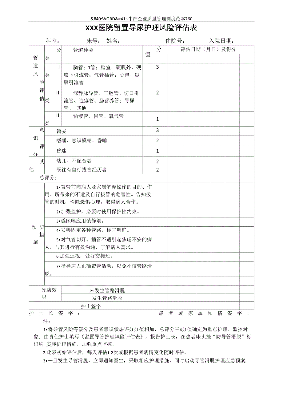 留置导管护理风险评估表_第1页