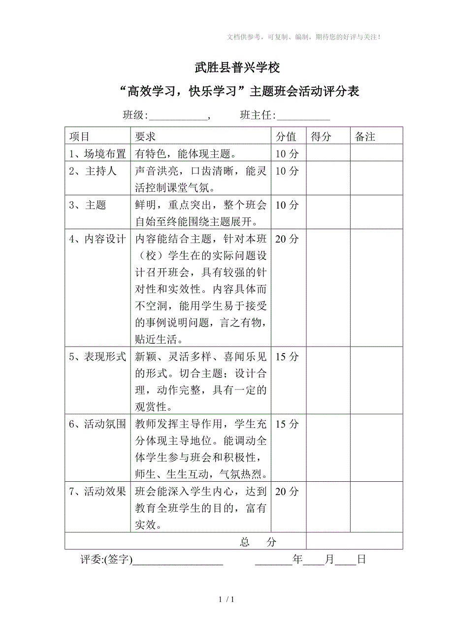 武胜县普兴学校初中部主题班会评分表_第1页