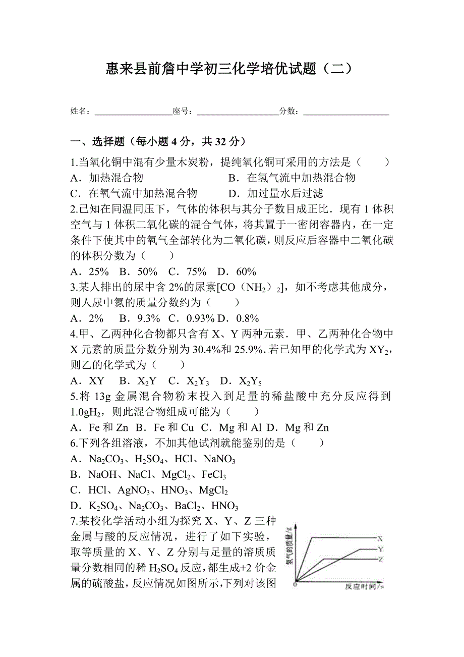 惠来县前詹中学初三化学培优试题（二）.doc_第1页