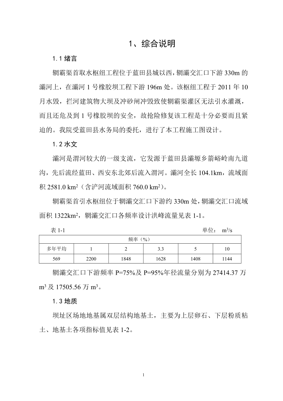 蓝田辋灞渠首取水枢纽工程施工图设计报告120323.doc_第1页