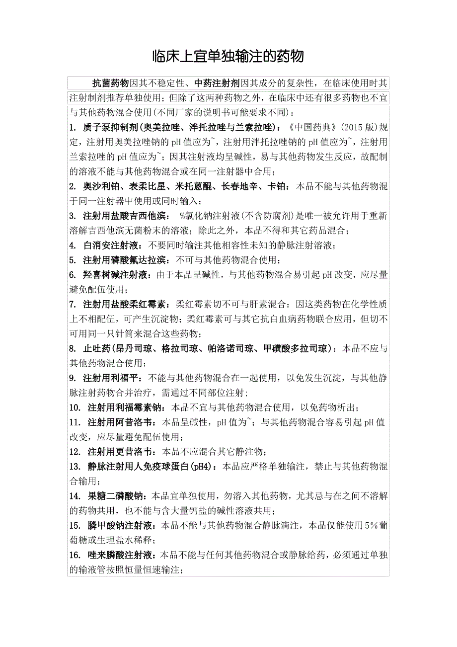 临床上宜单独输注的药物_第1页